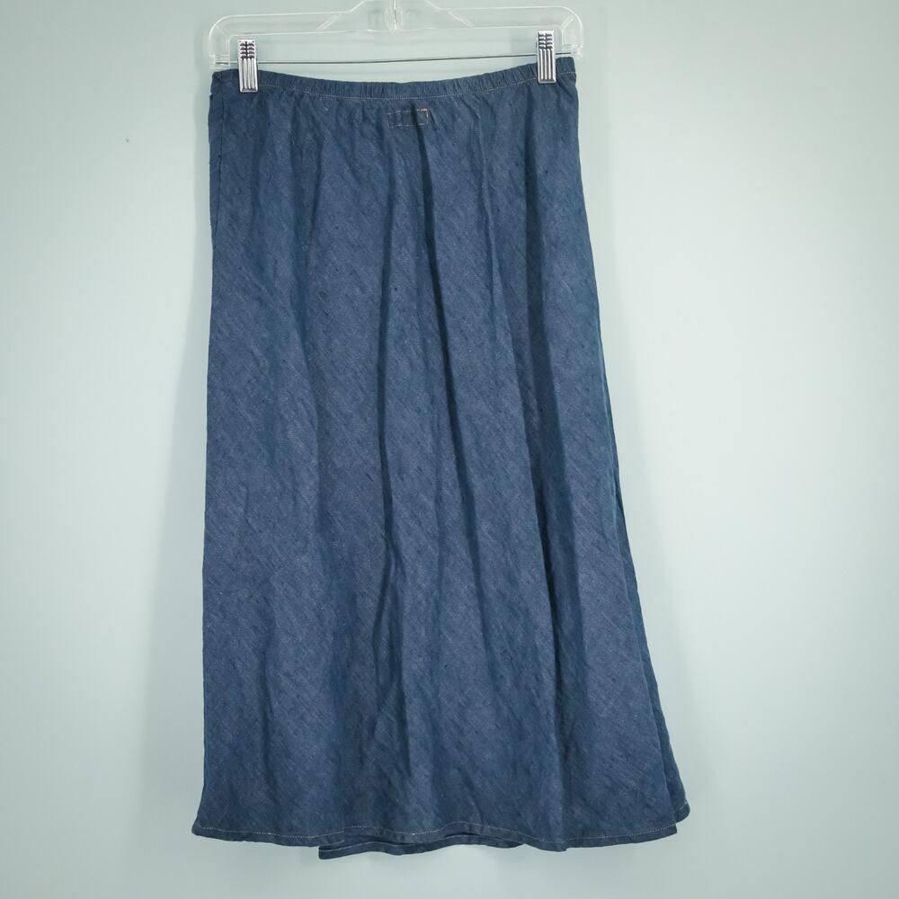 FLAX Size Small S Blue Pull On Elastic Waist Artsy Lagenlook Linen Midi Skirt - Picture 3 of 7